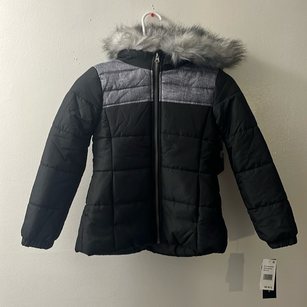 WeatherTamer jacket size M girls faux fur blac and gray plus head band.